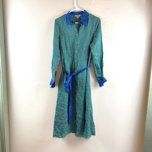 Boden NWT Kate Satin Green Geo Daze Long Sleeve Midi Shirt Dress Size 12 Office - Picture 2 of 16